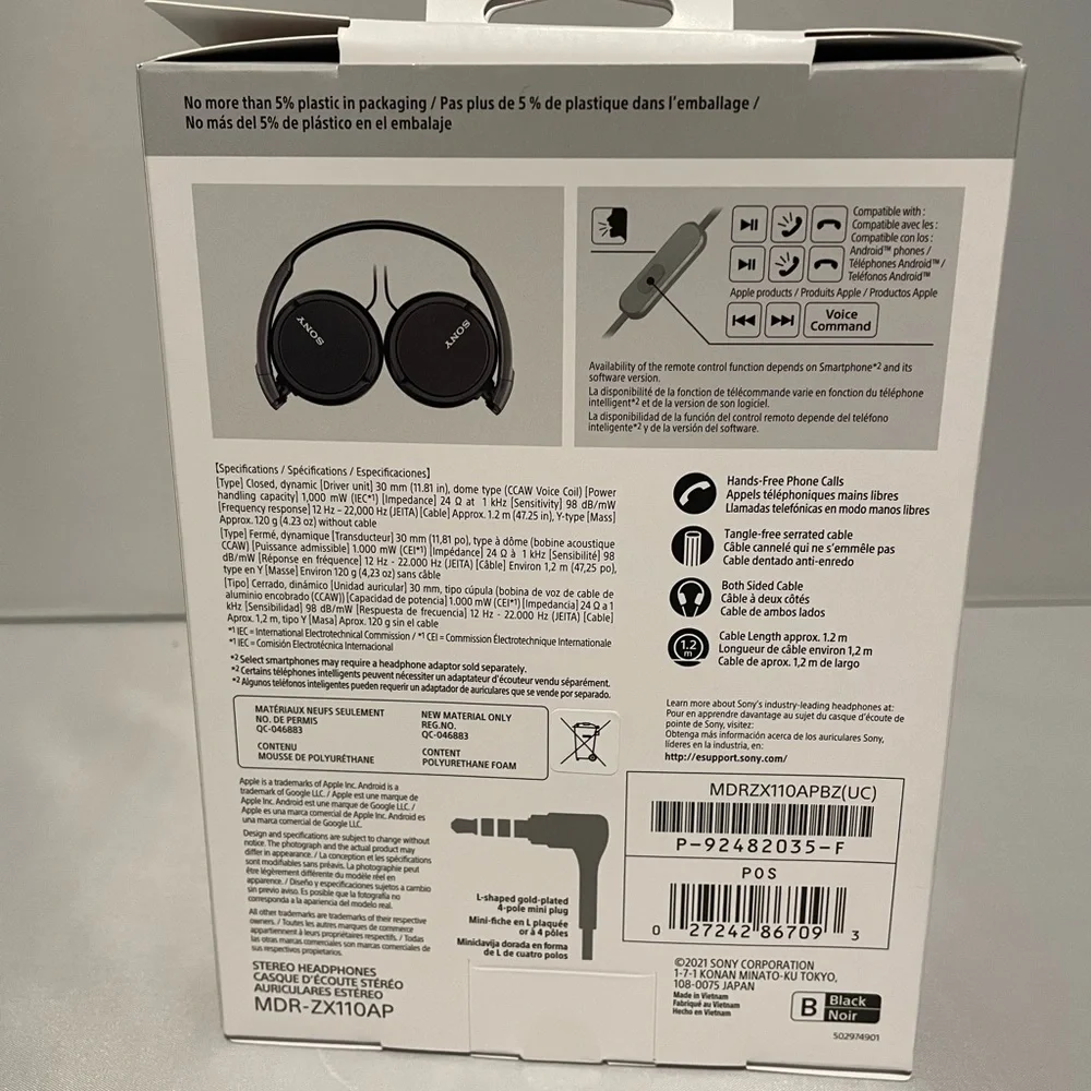 COPY - Sony ZX Series Wired On-Ear Headphones Mic, Black MDR-ZX110AP